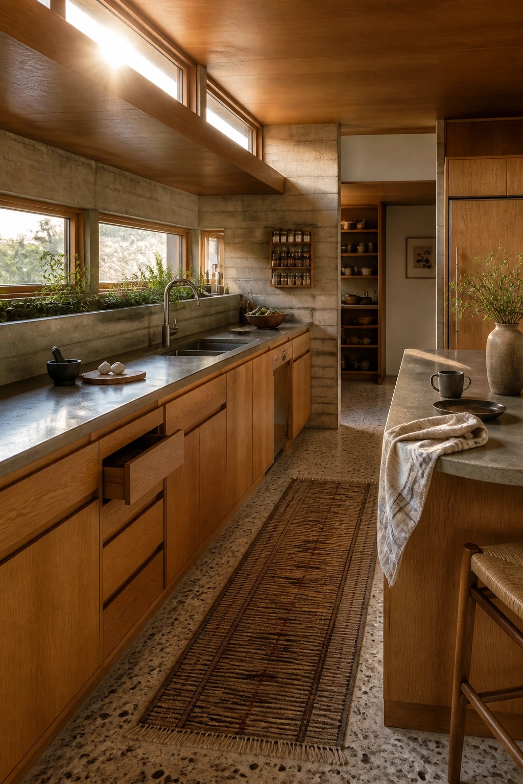 Interior view of a kitchen with wooden built-in cabinets, a long countertop under high windows, a central island, and a woven rug on terrazzo flooring.