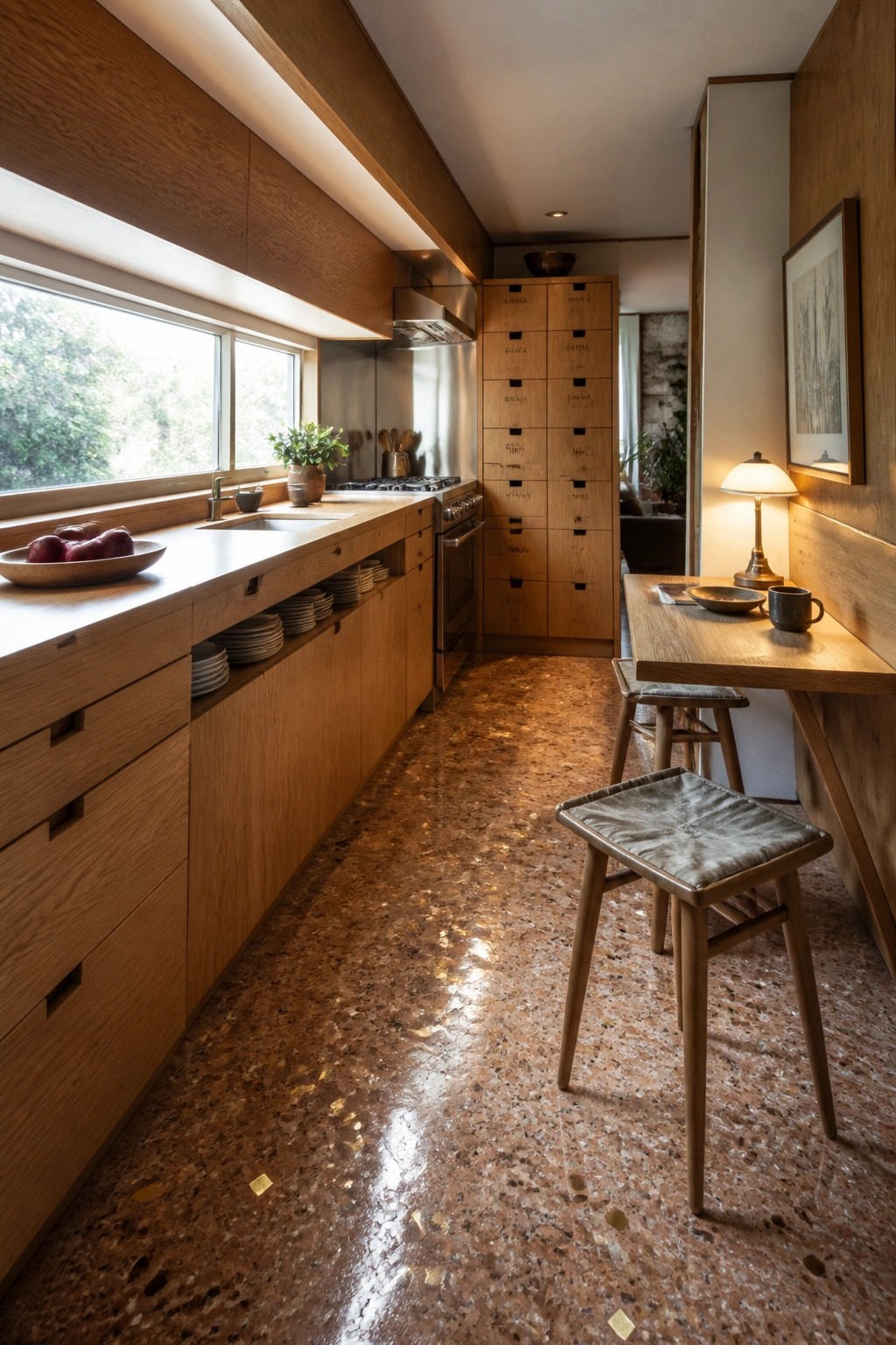 Modern wooden kitchen with terrazzo floor, dining table, stools, and large windows.