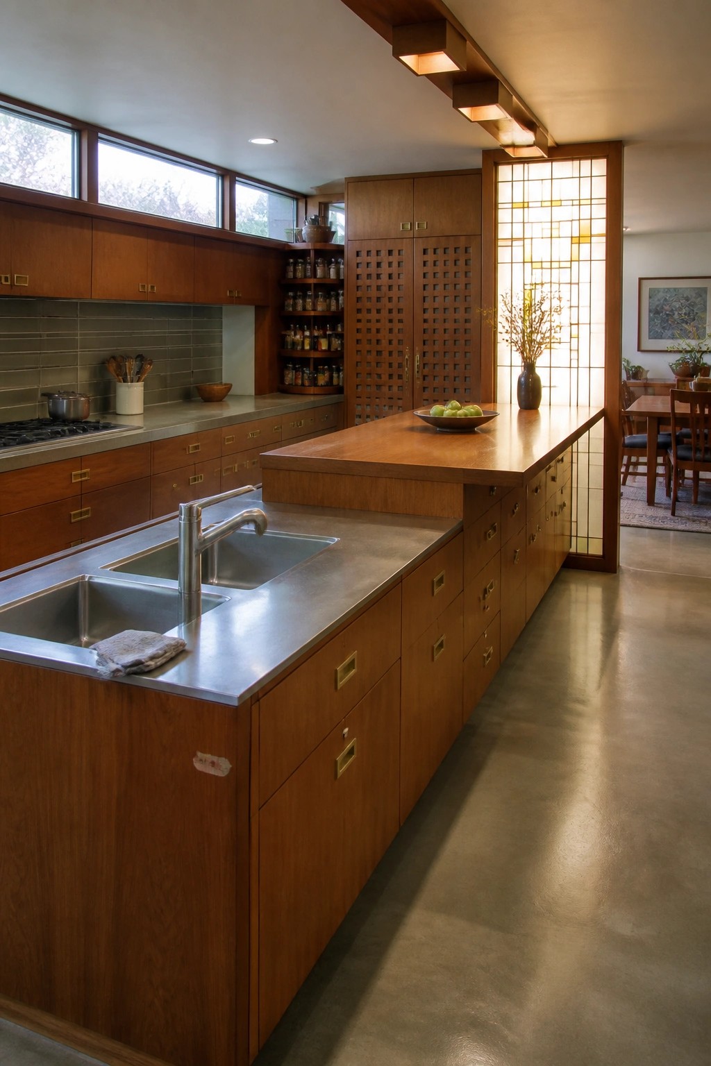 A kitchen with wooden cabinetry, a stainless steel island sink, and a shoji screen in the background.