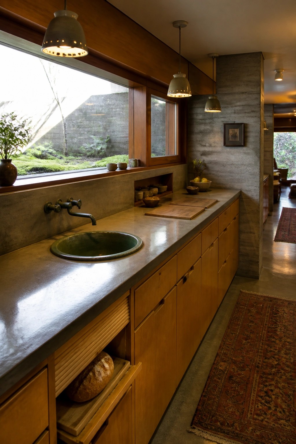 A long kitchen counter made of concrete with a green sink, wooden cabinets below, recessed niches holding bowls, and an open drawer with a loaf of bread.