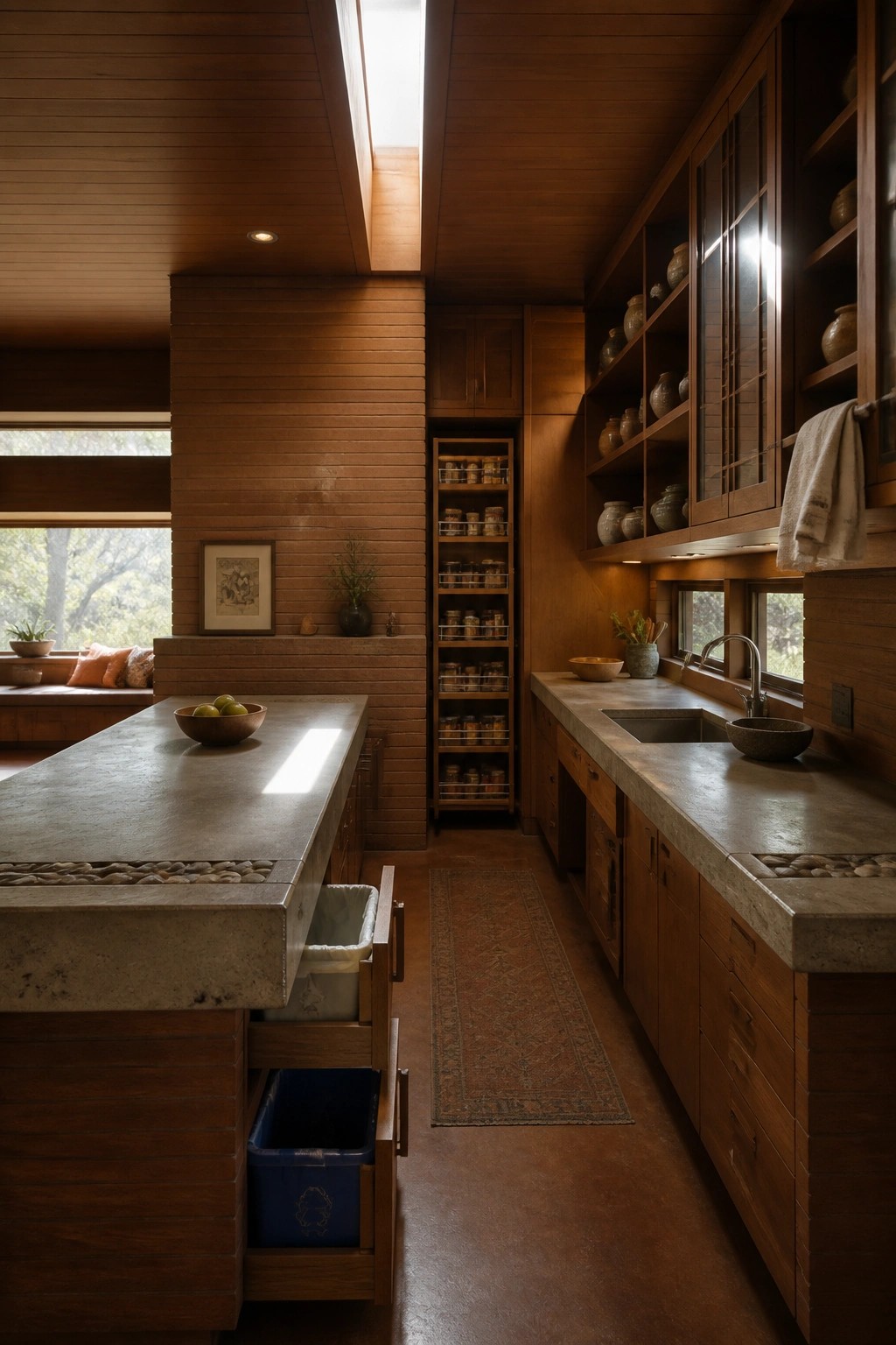 A narrow Usonian-style kitchen with wood cabinetry, concrete counters, and a tall built-in pull-out pantry cabinet filled with jars.