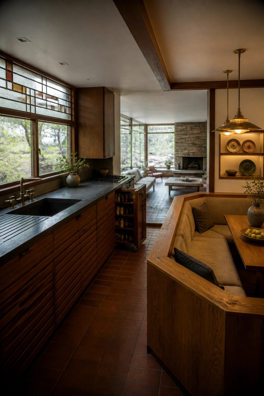 A mid-century modern kitchen with dark wood cabinetry, a black sink, and a large built-in upholstered banquette seating area with a wooden table, opening into a living room with a stone fireplace.