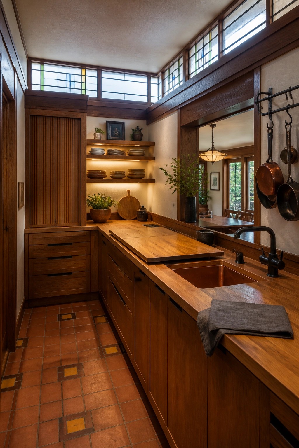 A Usonian-style kitchen featuring dark wood built-in cabinets, open illuminated shelves holding stacked dishes, a copper sink, and large stained glass clerestory windows.