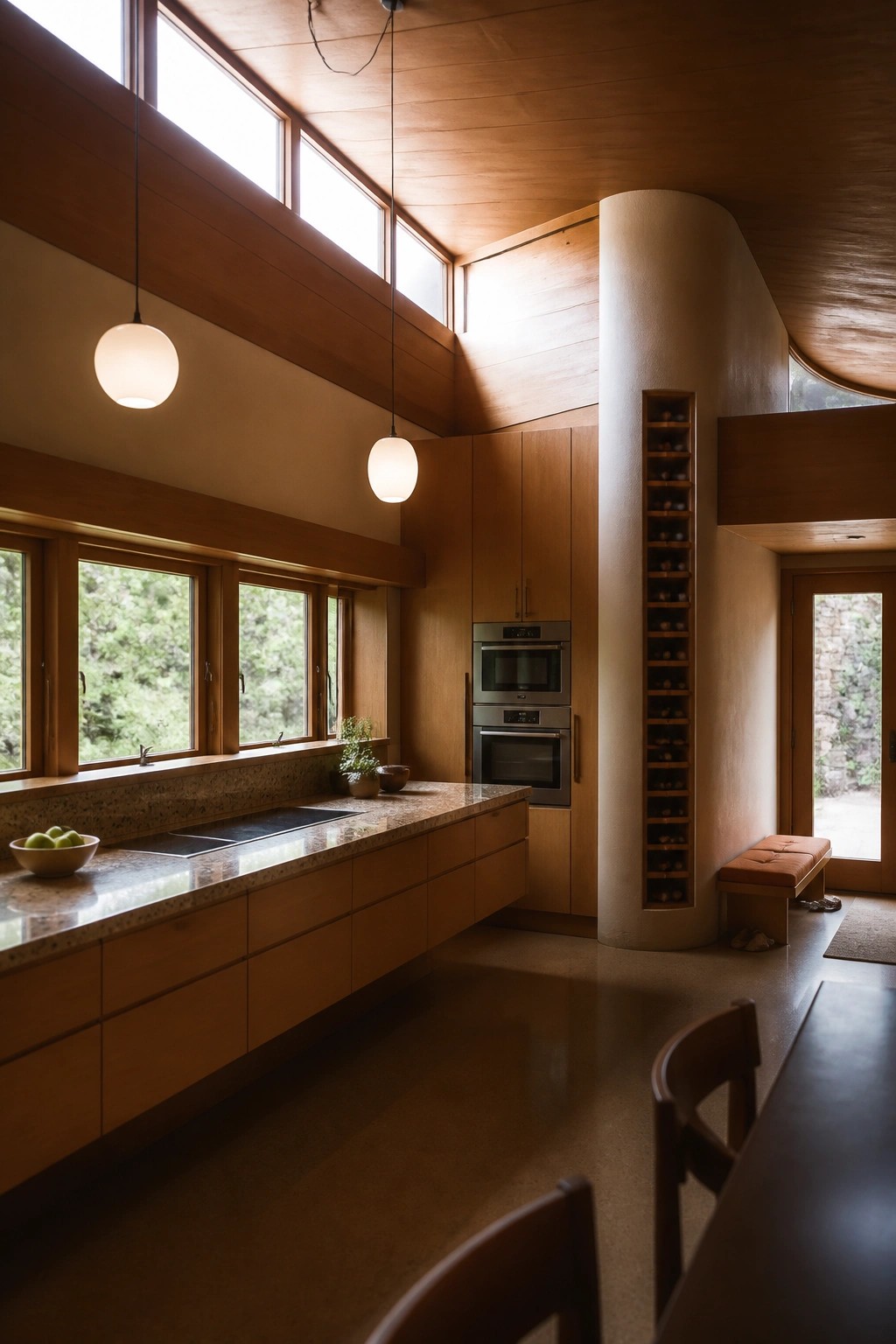 A kitchen interior with wooden cabinets, a speckled countertop, high windows, and a tall built-in wine rack set into a curved wall.