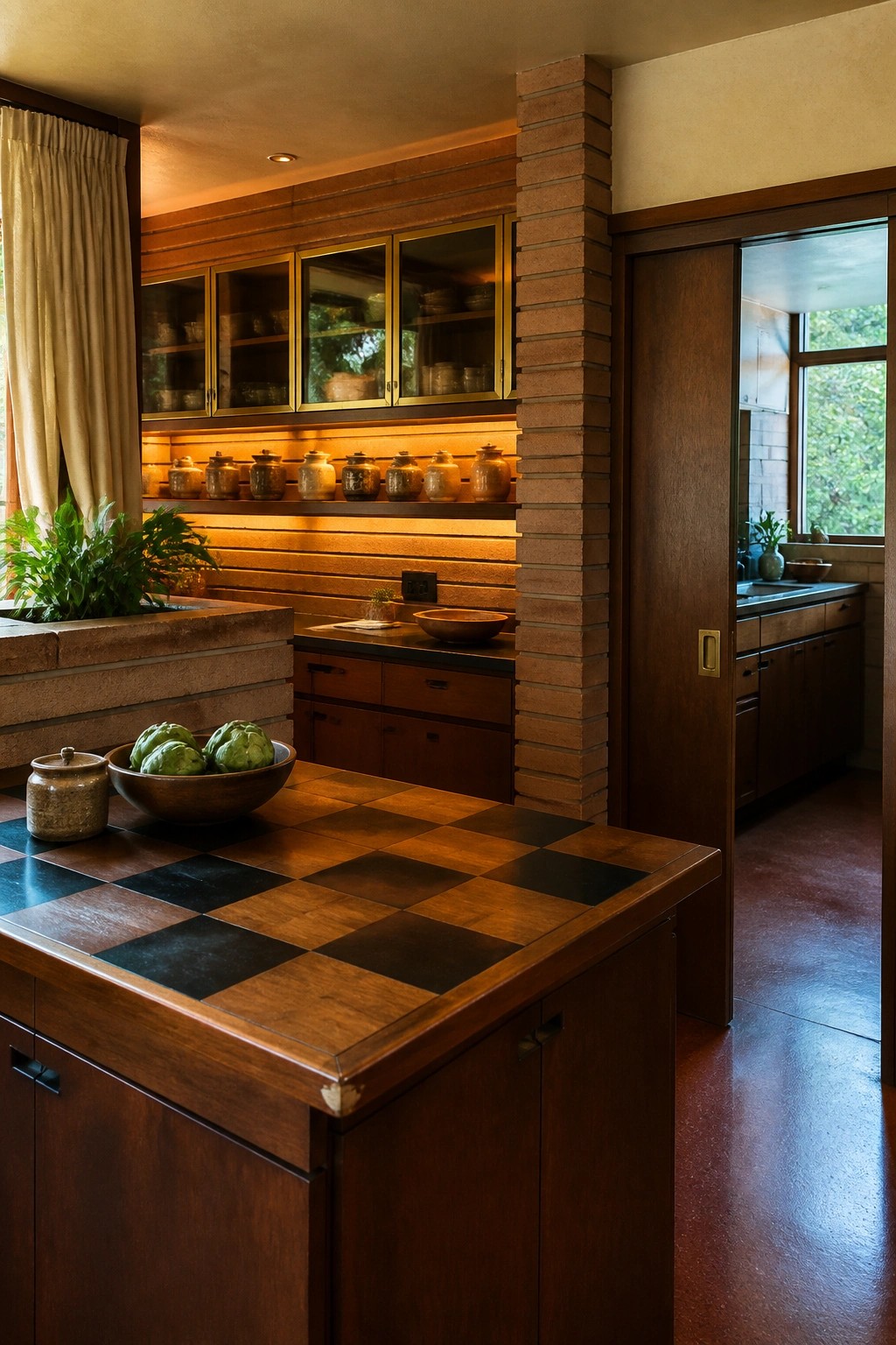 A kitchen with wooden cabinets, open shelving, a brick pillar, and a large island topped with a checkered wood and black surface.