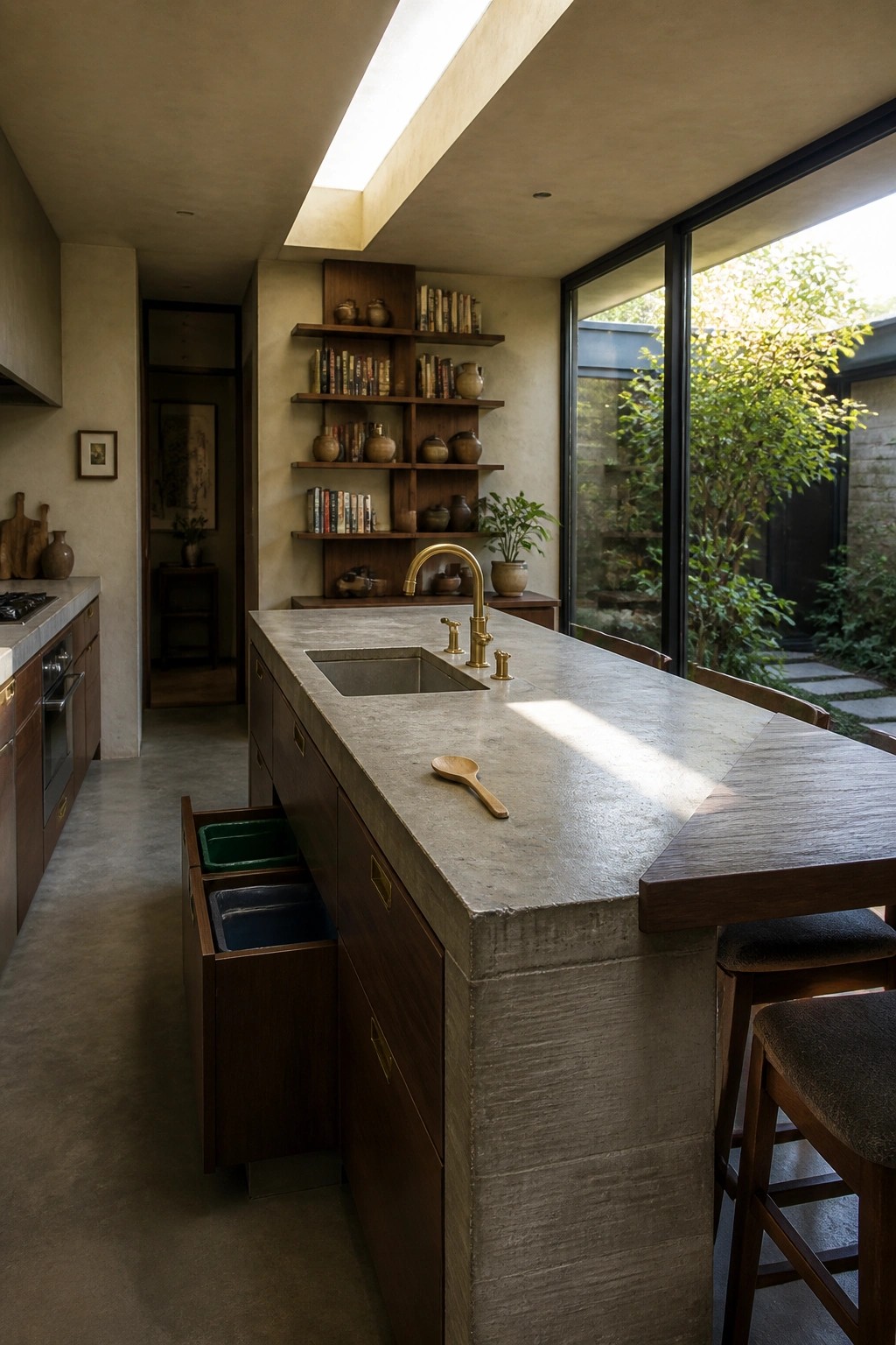 A kitchen interior with a long concrete island, integrated sink with brass faucet, open wooden drawers showing storage bins, wall shelving with books and pottery, and bar stools along one side.