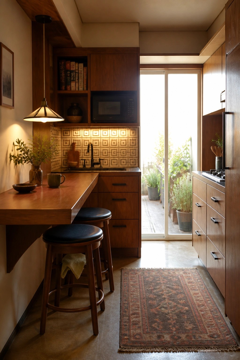 A compact kitchen with a wooden counter extension holding two stools, dark wood cabinets, open shelving, and a sliding glass door at the far end.