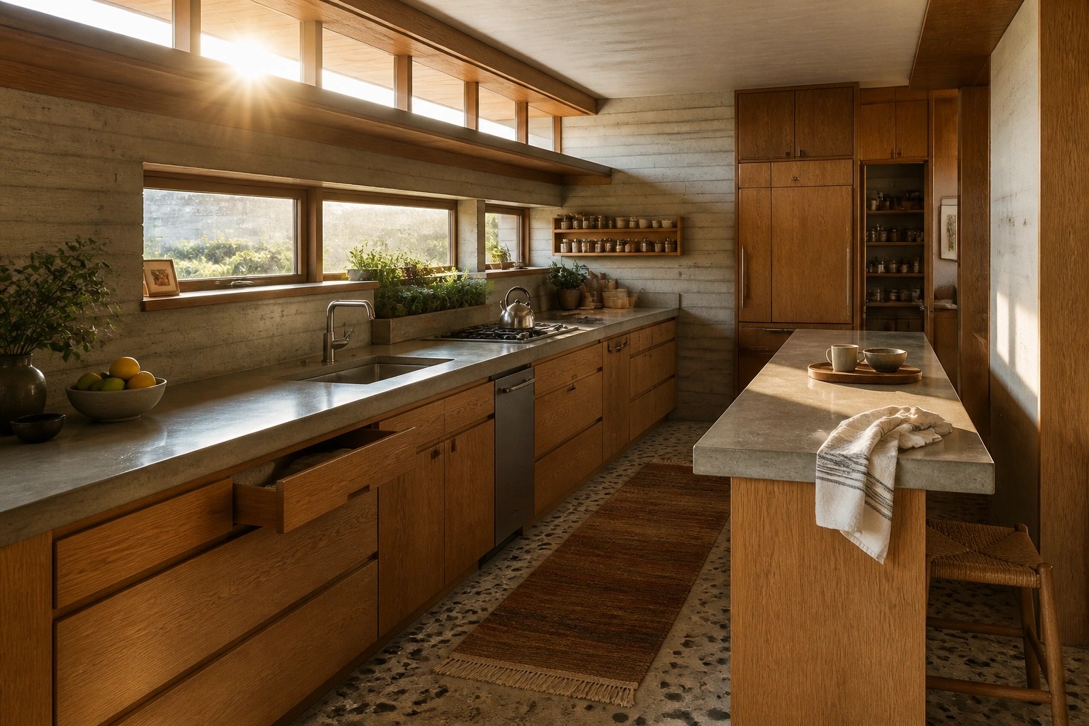 Interior view of a kitchen with wooden built-in cabinets, a long countertop under high windows, a central island, and a woven rug on terrazzo flooring.