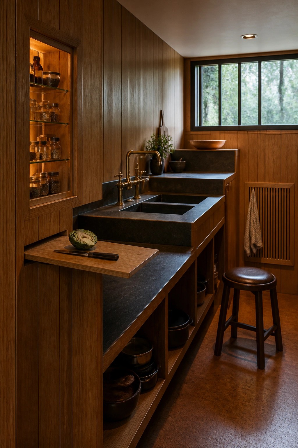 A wooden kitchen interior with a dark stone countertop, brass sink, open lower shelving, and a pull-out wooden cutting board extended from the counter.
