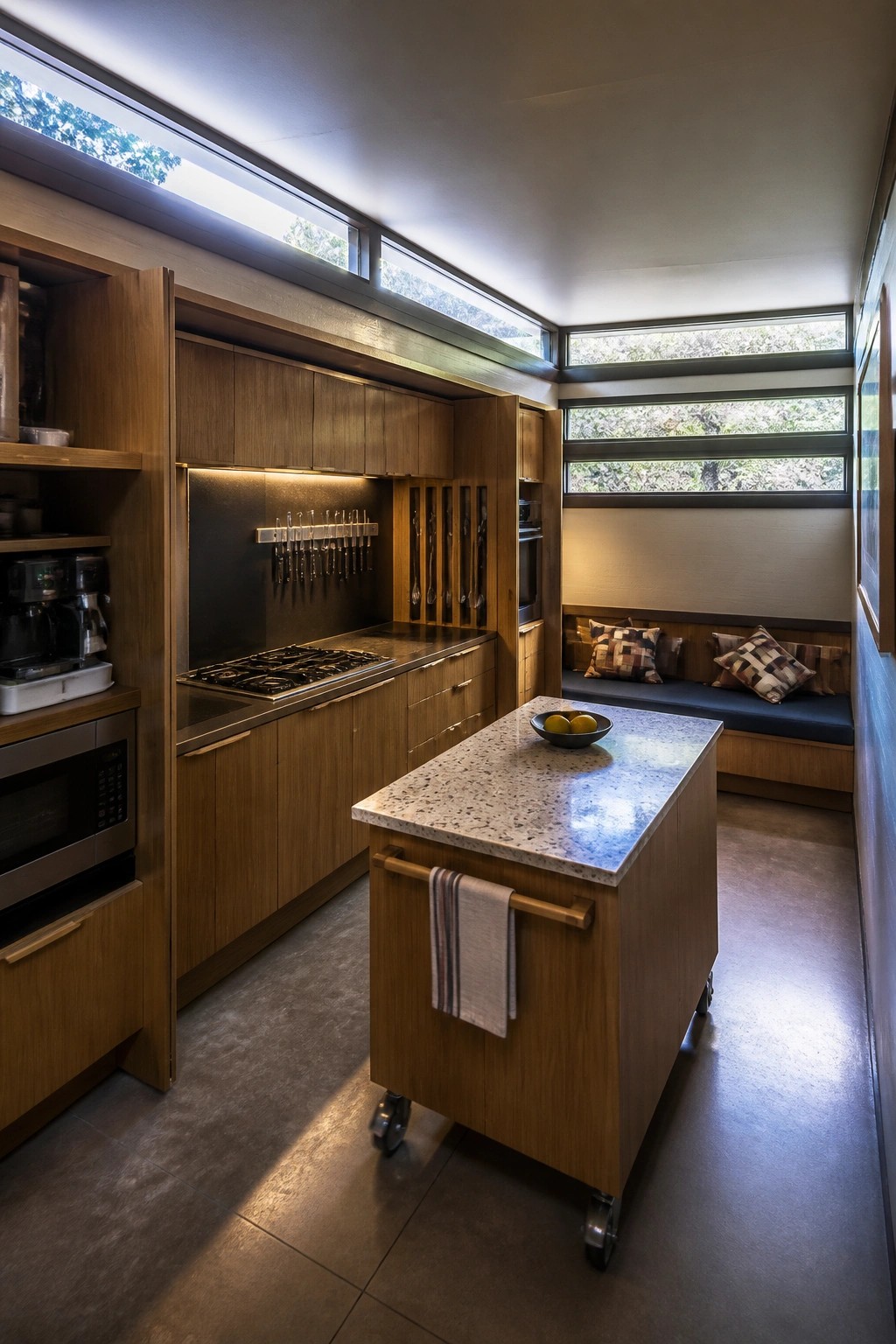 Modern kitchen with wooden cabinets, rolling island, and window bench seating.