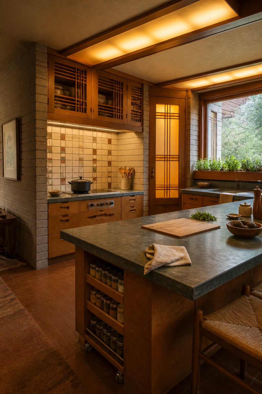 A Usonian-style kitchen with a large wooden island featuring open side shelves filled with spice jars, a dark stone countertop, and surrounding wood cabinetry.
