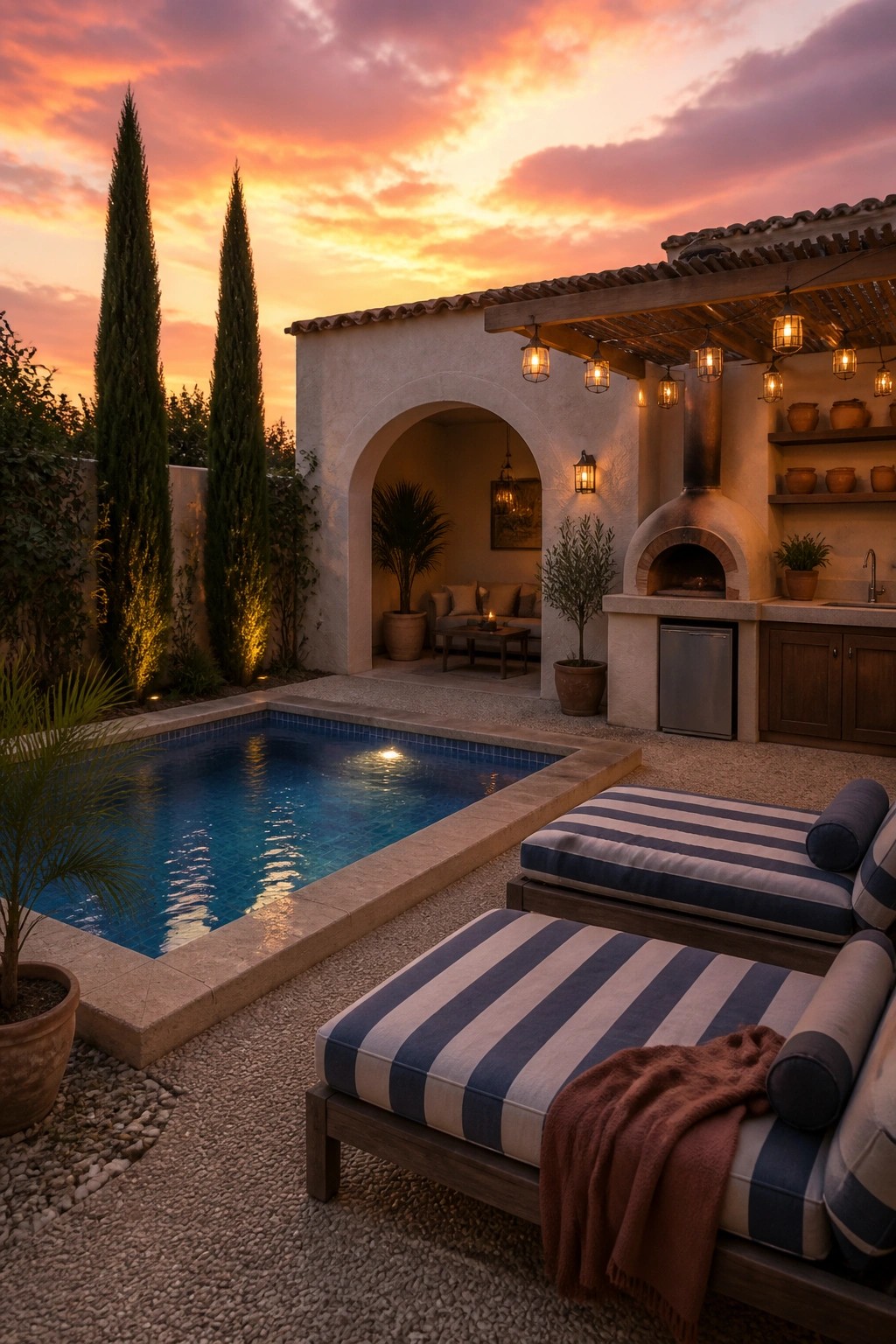 Stunning sunset over Mediterranean-style pool patio with lounge chairs and pizza oven