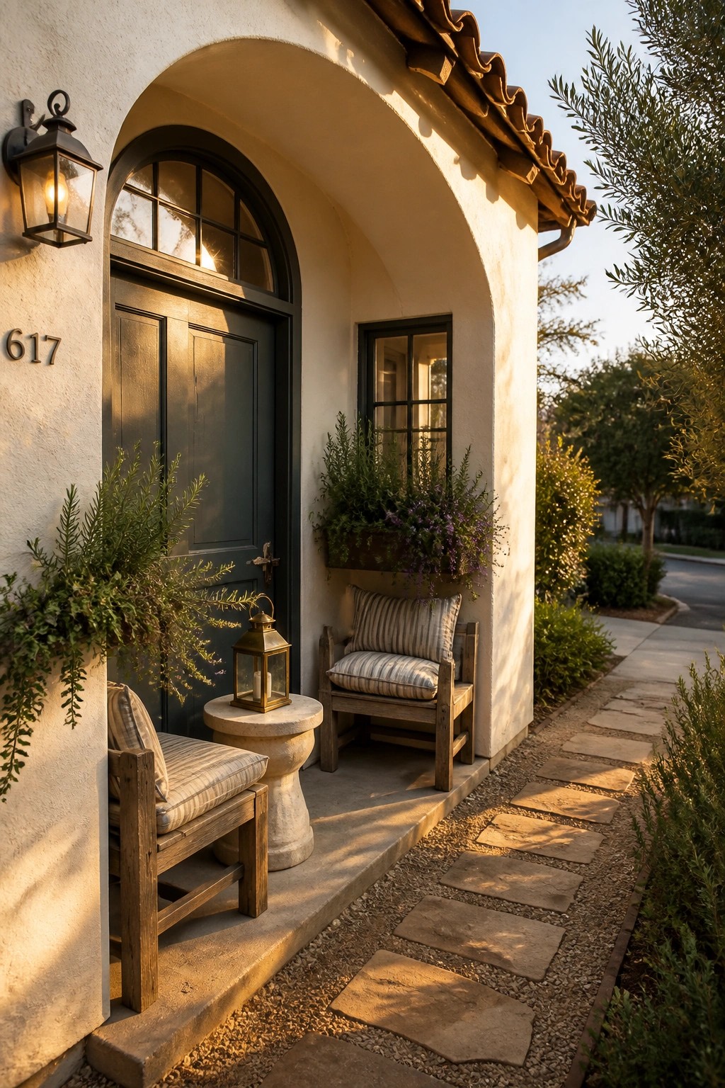 A small Mediterranean home entry with a dark arched door under a white stucco arch, a stone lantern on a pedestal, wooden chairs with striped cushions, and a stone pathway beside it.