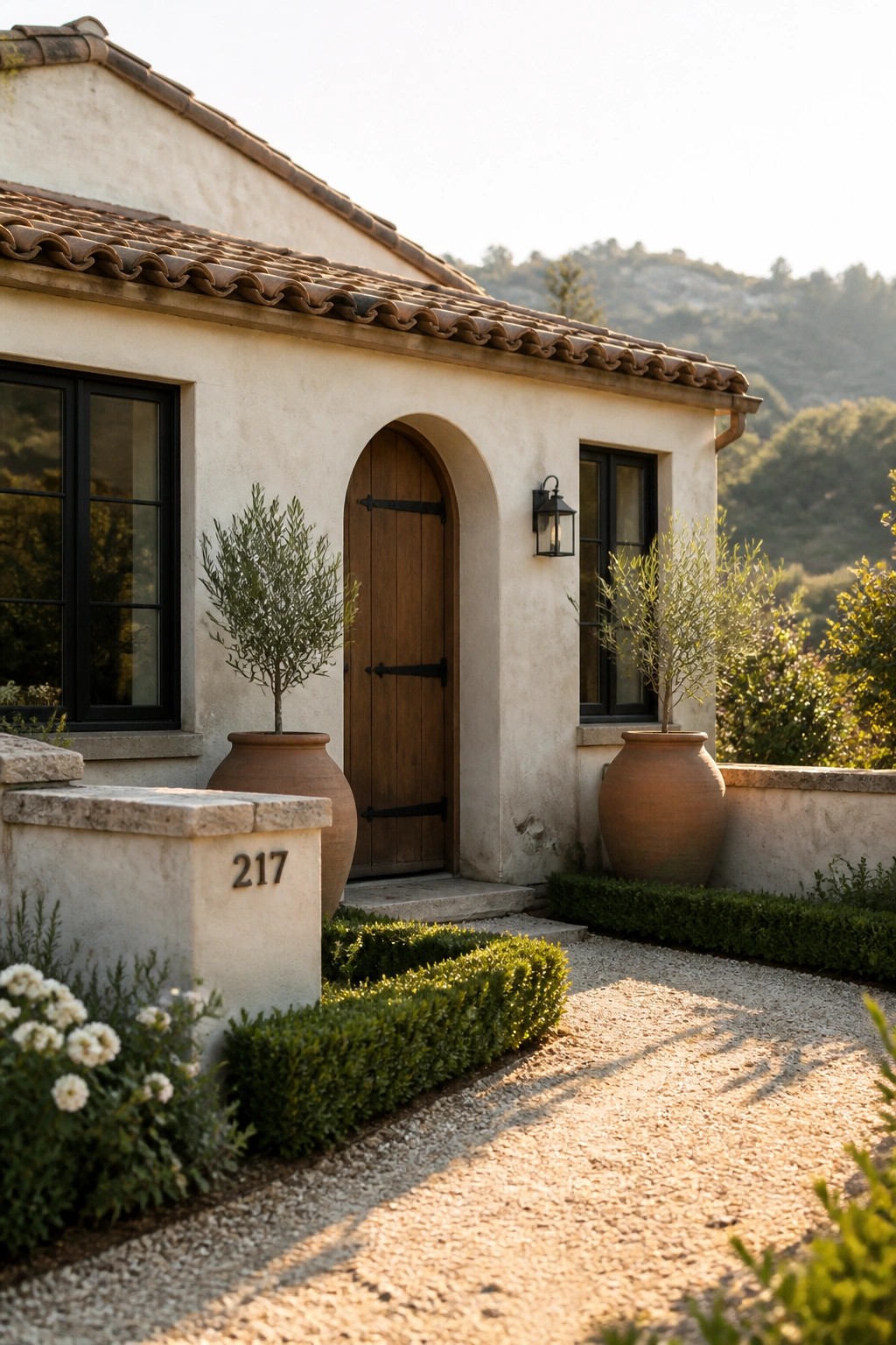 Mediterranean stucco house entrance with arched door, terracotta pots, and gravel path.
