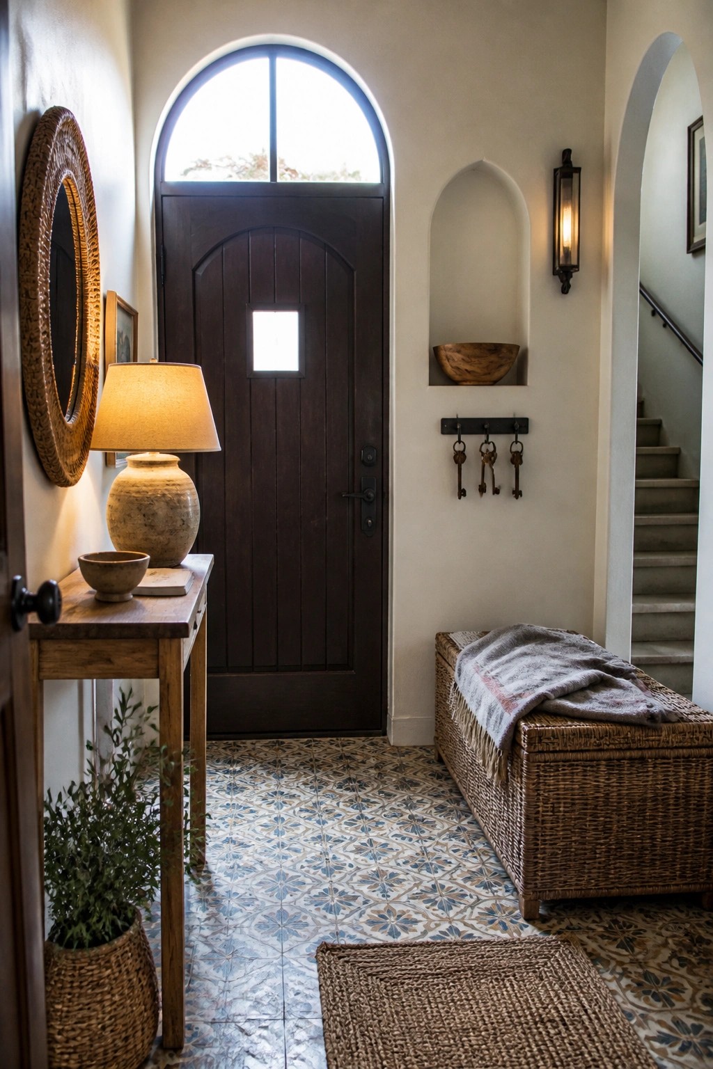 A small interior entryway featuring a dark wooden door with an arched top and a small window, a patterned tile floor, a woven bench with a blanket, and an arched wall niche holding a wooden bowl.