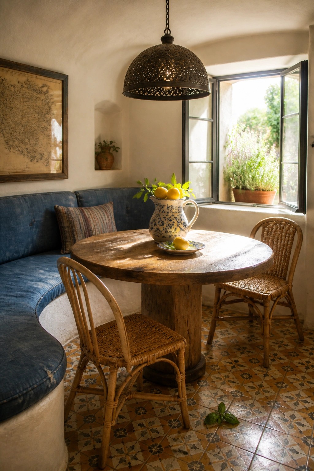 Rustic round table with lemons in pitcher, blue bench, wicker chairs, hanging lantern, open window
