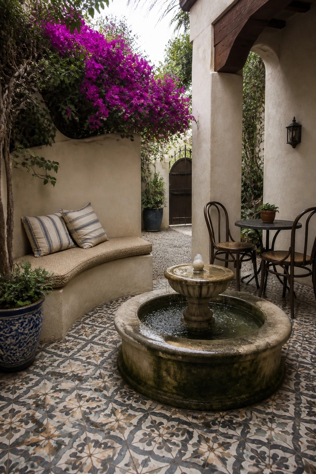 A compact courtyard features a round stone fountain at the center, a curved built-in bench with striped cushions, a small bistro table with chairs, and purple bougainvillea growing over the walls on patterned tile flooring.