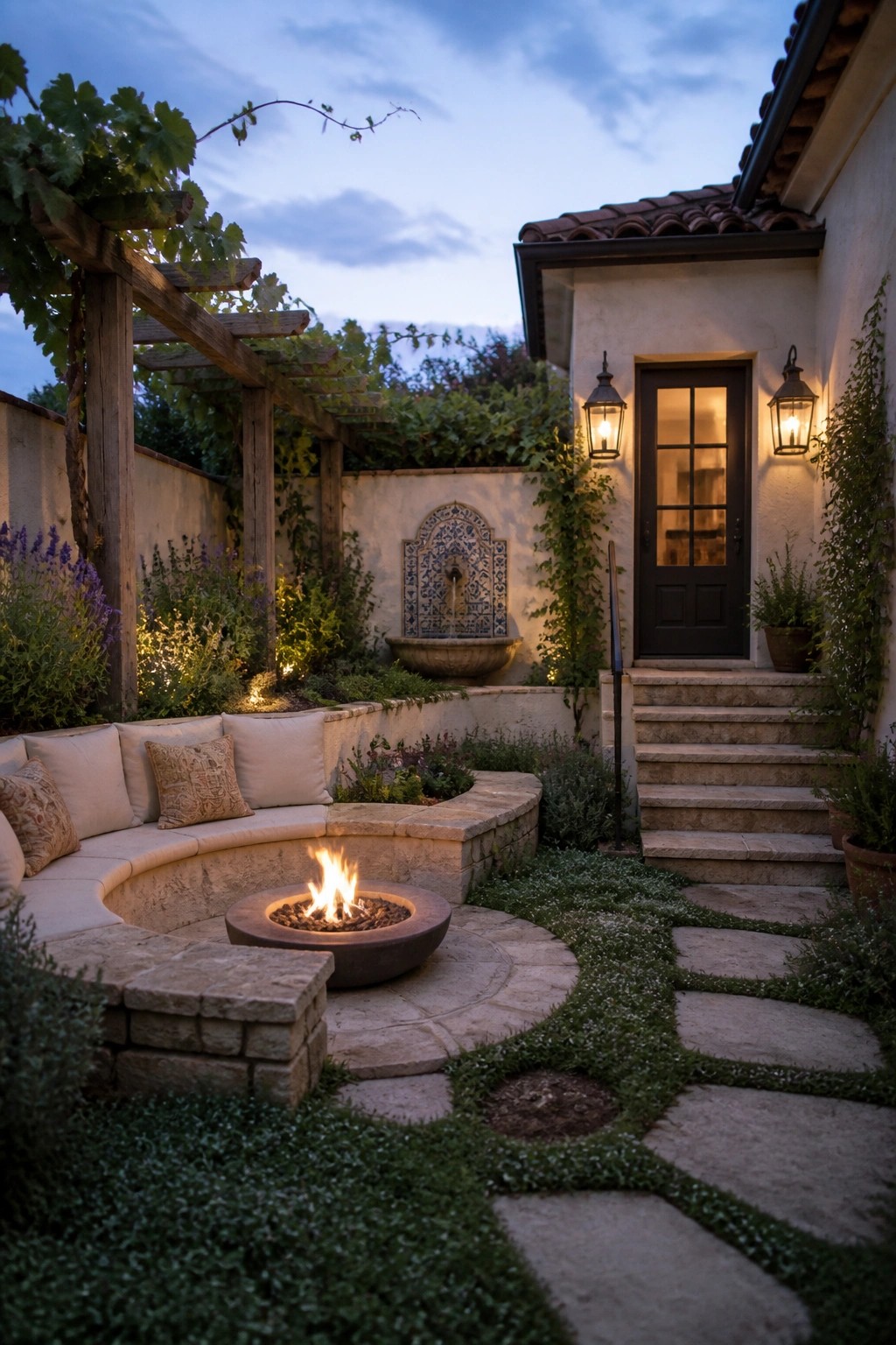 A small courtyard at dusk with curved built-in stone seating around a lit fire pit, a stone pathway, and a house entrance with a dark door and lanterns.