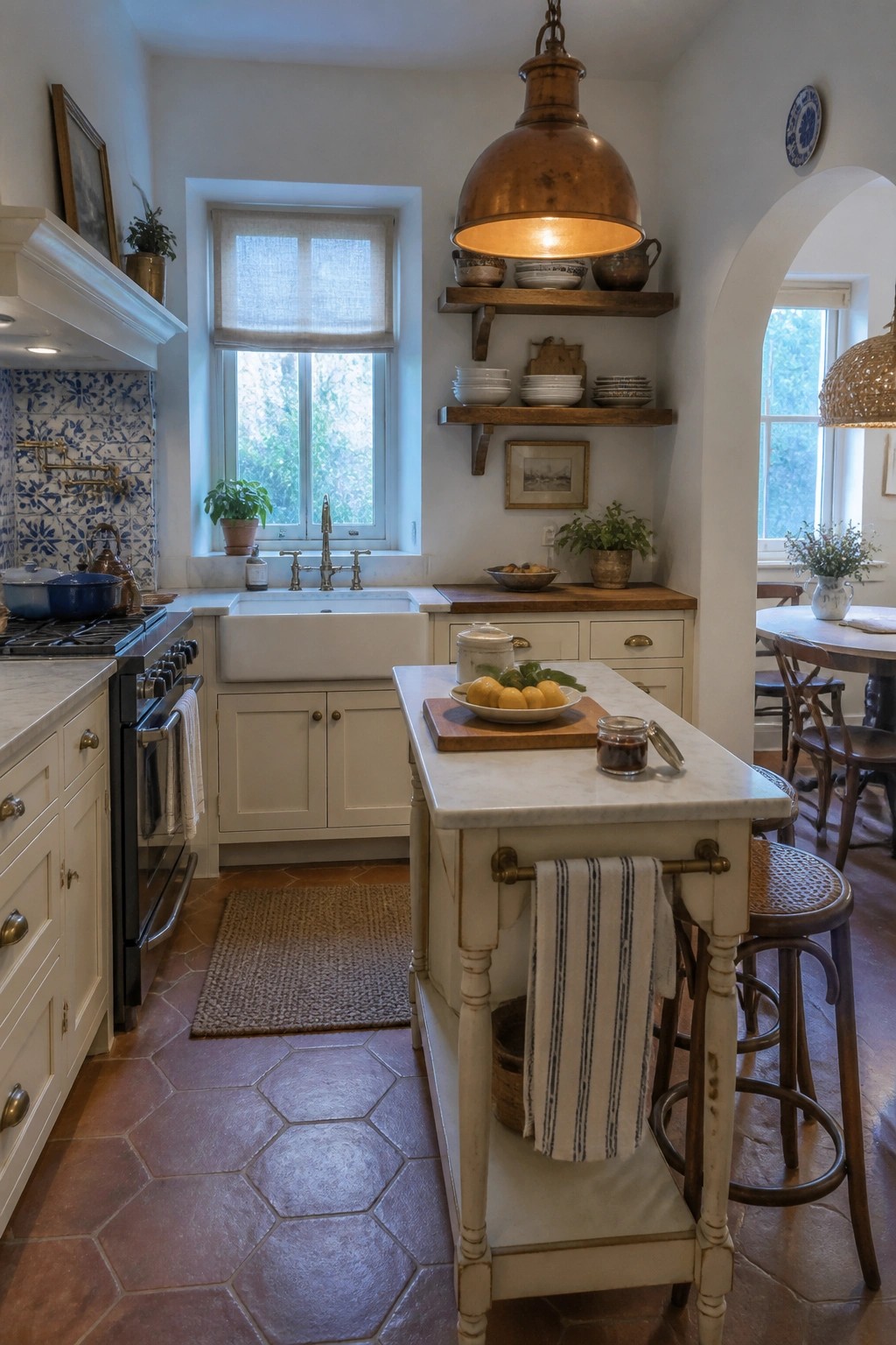 A compact kitchen interior featuring a white island with stools, a farmhouse sink under a window, open wooden shelves, and terracotta tile flooring.