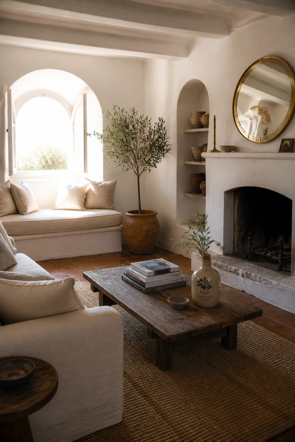 A bright Mediterranean-style living room with white walls, arched windows, a wooden coffee table, a fireplace, and neutral upholstered seating on a woven rug.