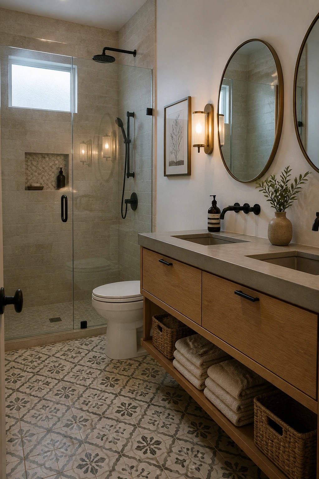 A bathroom interior with a wood vanity featuring open lower shelving holding stacked towels and woven baskets, a concrete countertop with sinks, round mirrors, and a glass shower enclosure visible in the background.