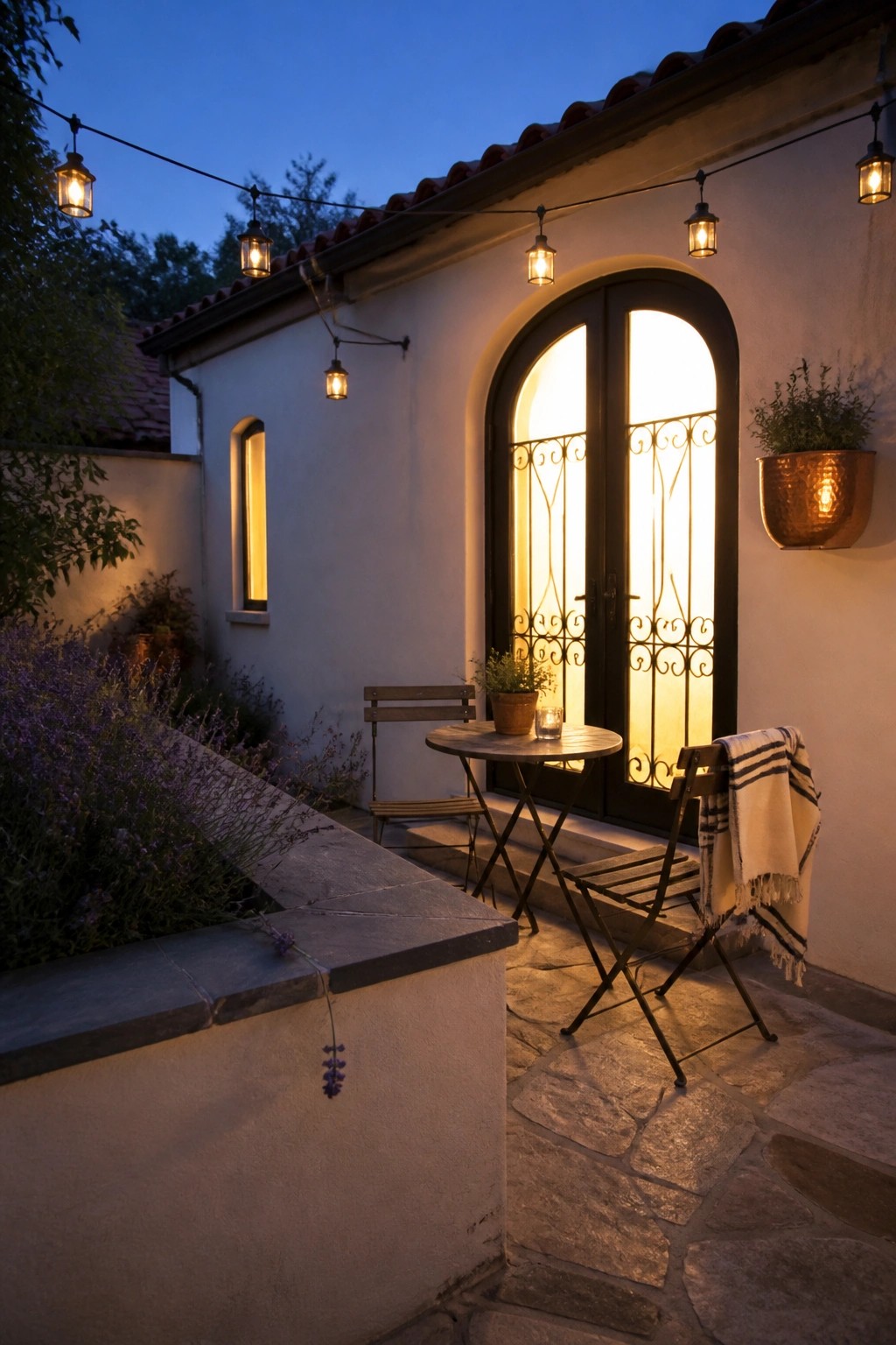 A small stone patio with a round table, two folding chairs, and string lights outside a white stucco house with arched doors at dusk.