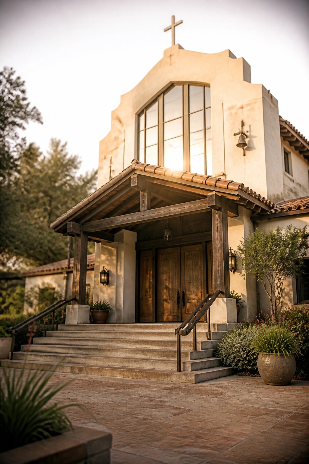 Sunlit Spanish-style chapel with arched window, wooden doors, cross, and stone steps.