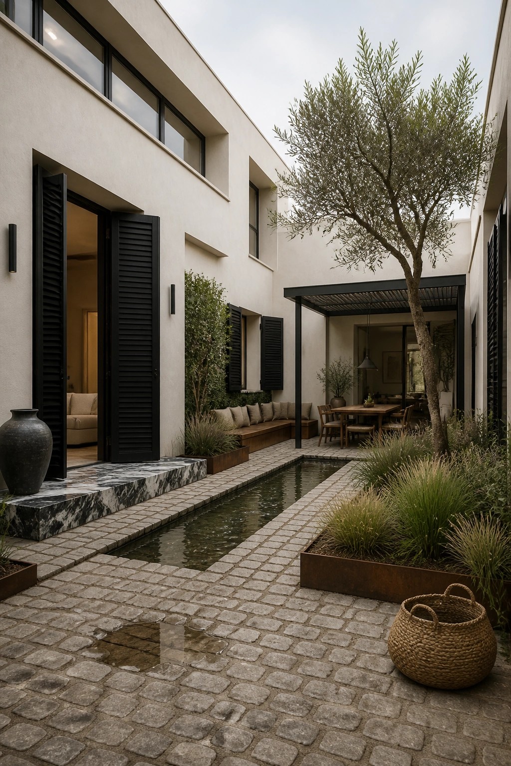 A contemporary courtyard with a long narrow water channel running through cobblestone paving, flanked by built-in seating, plants, and an outdoor dining area under a pergola.