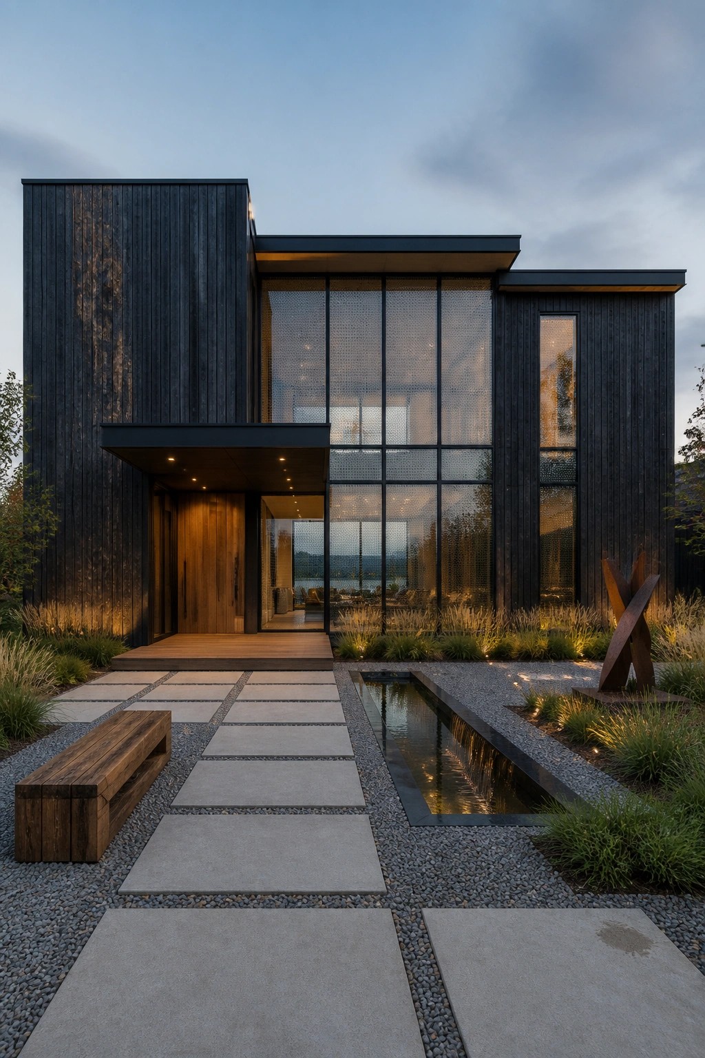 A modern two-story house with dark vertical wood siding, large grid windows, a wooden front door under a black overhang, and a stone pathway leading to the entrance.