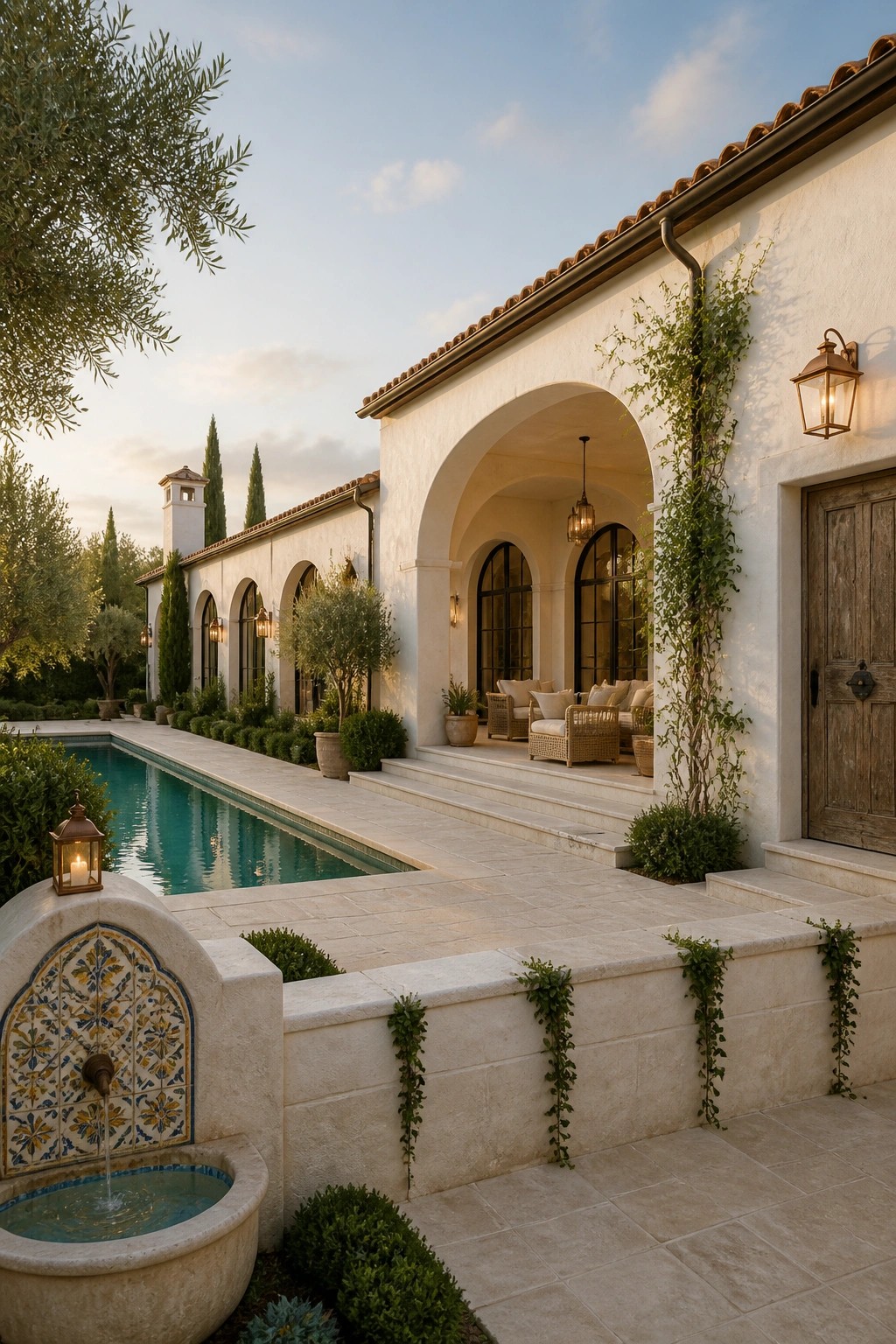 A white stucco mansion exterior with multiple arched windows and doorways, terracotta tile roof, a long swimming pool alongside the house, and climbing vines on the right wall.