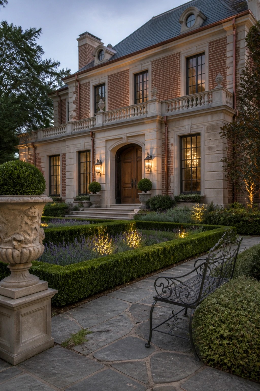 A brick mansion with limestone trim, an arched wooden entry door, and a stone pathway bordered by hedges and a wrought iron bench.