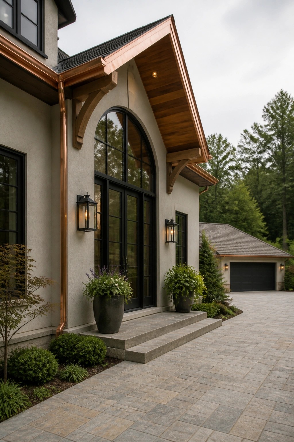 A contemporary house exterior with stucco walls, black arched windows and doors, copper gutters and trim, and wooden soffits above the entry steps.