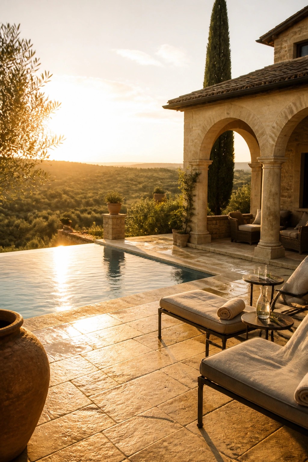 Sunlit infinity pool by arched stone villa with lounge chairs overlooking hills