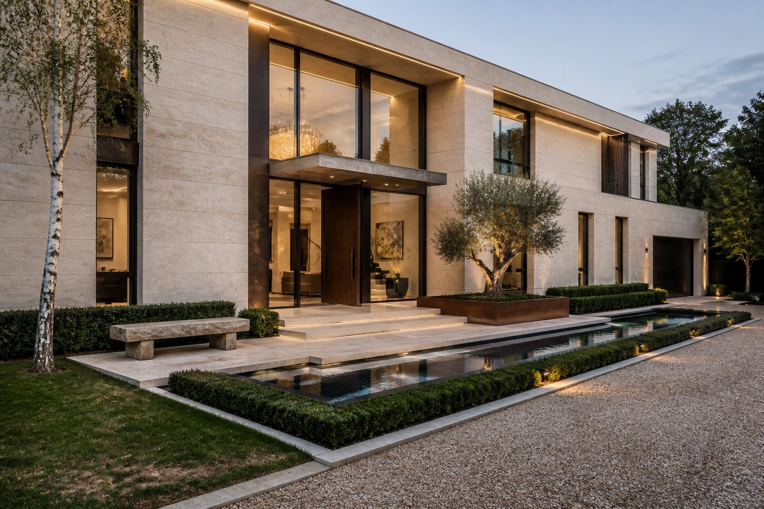 A modern stone house at dusk with integrated linear lighting along the roofline and walls, a long reflecting pool in front, and gravel landscaping.
