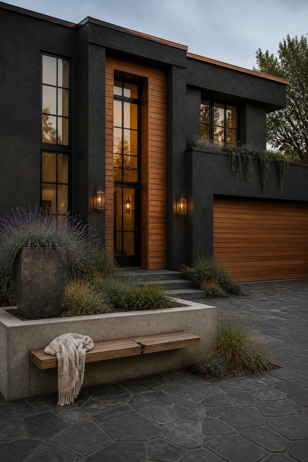Modern dark stucco house with vertical wood panels framing a tall glass front door, concrete planter with bench in front, and attached garage on the right.