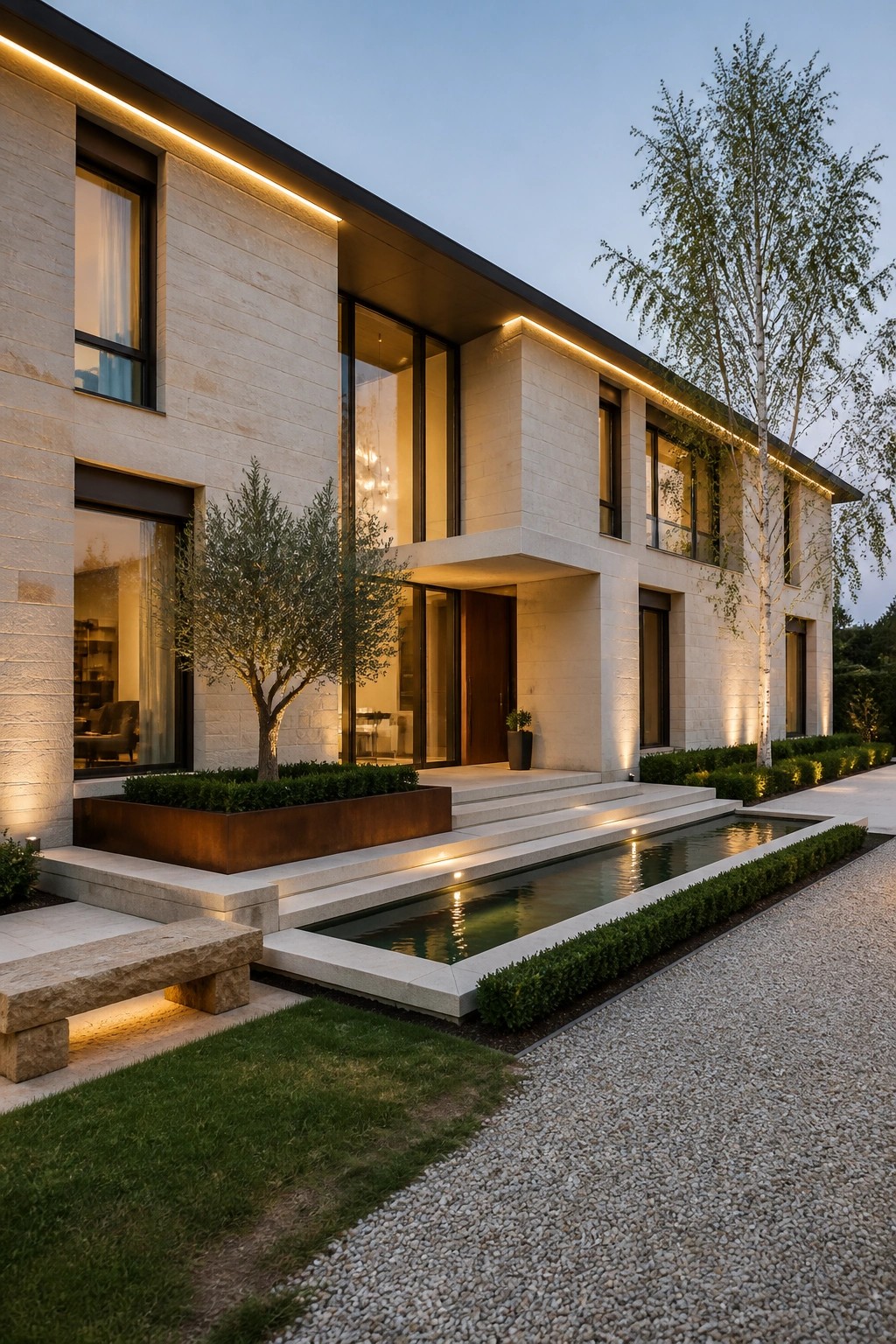 A modern stone house at dusk with integrated linear lighting along the roofline and walls, a long reflecting pool in front, and gravel landscaping.