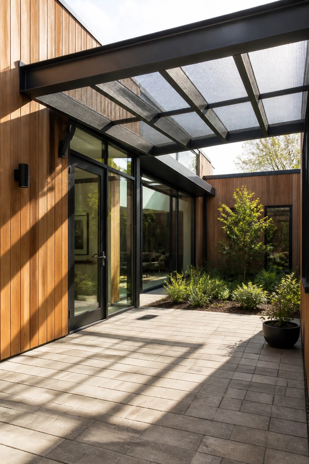 A modern home courtyard with a black metal mesh canopy over a paved patio, wood siding walls, large glass doors, and planted beds along the edge.