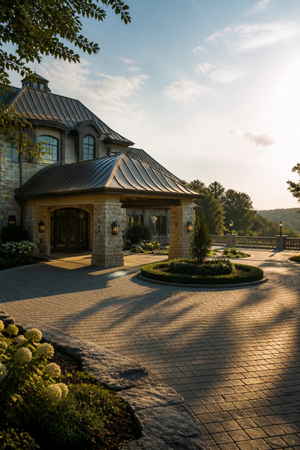 A large stone mansion with dark metal roofs and a covered entrance supported by stone pillars sits beside a curved brick driveway.