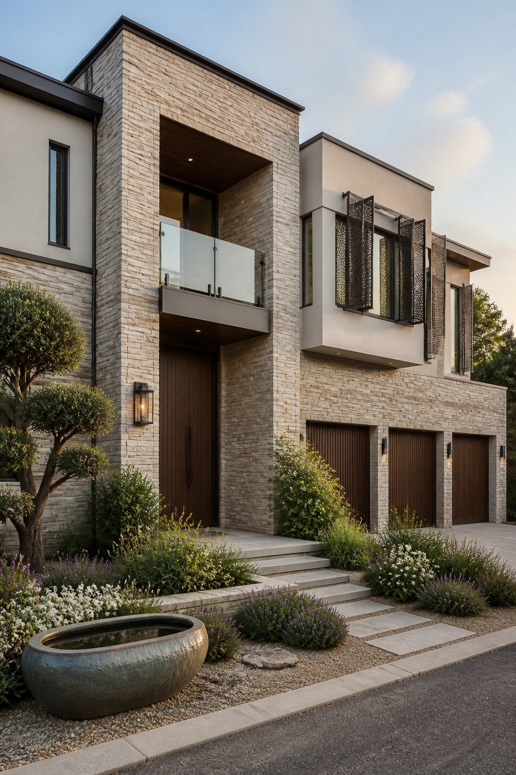A contemporary two-story house exterior featuring stacked stone on the central section, smooth stucco on adjacent walls, dark wood garage doors, a second-floor balcony with glass railing, and front landscaping with a large stone water bowl.