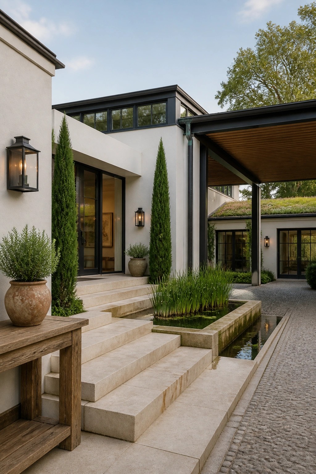 Modern house exterior with light stucco walls, black window frames, wide stone steps, and a long rectangular water feature with tall grasses running parallel to a cobblestone path.