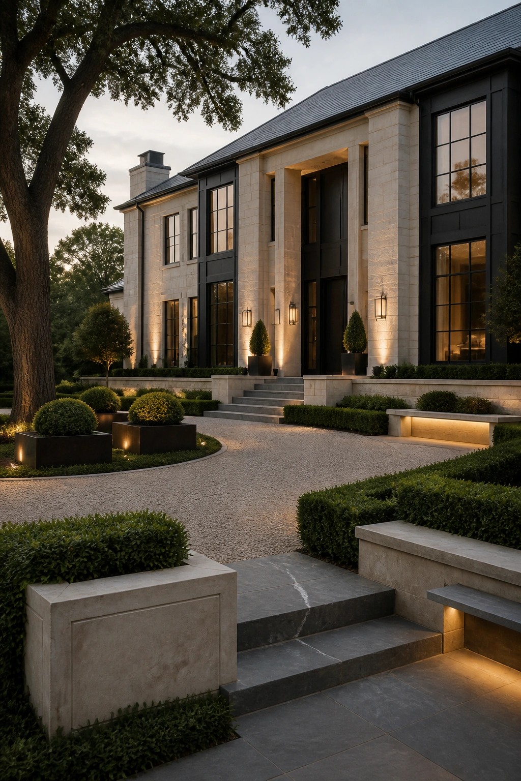 A large light stone mansion exterior with black-framed windows and doors, a gravel driveway, stone steps, and neatly trimmed shrubs in planters at dusk.