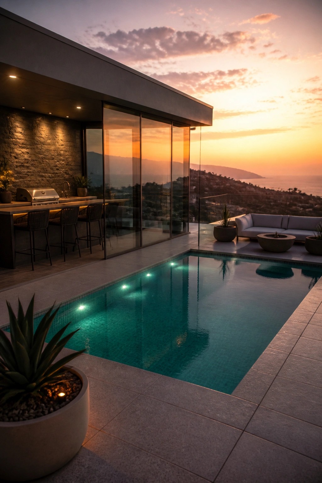 A modern house with large glass sliding doors opening onto a long rectangular pool with underwater lights, an outdoor kitchen with bar stools on the left, and a lounge sofa on the right at sunset.