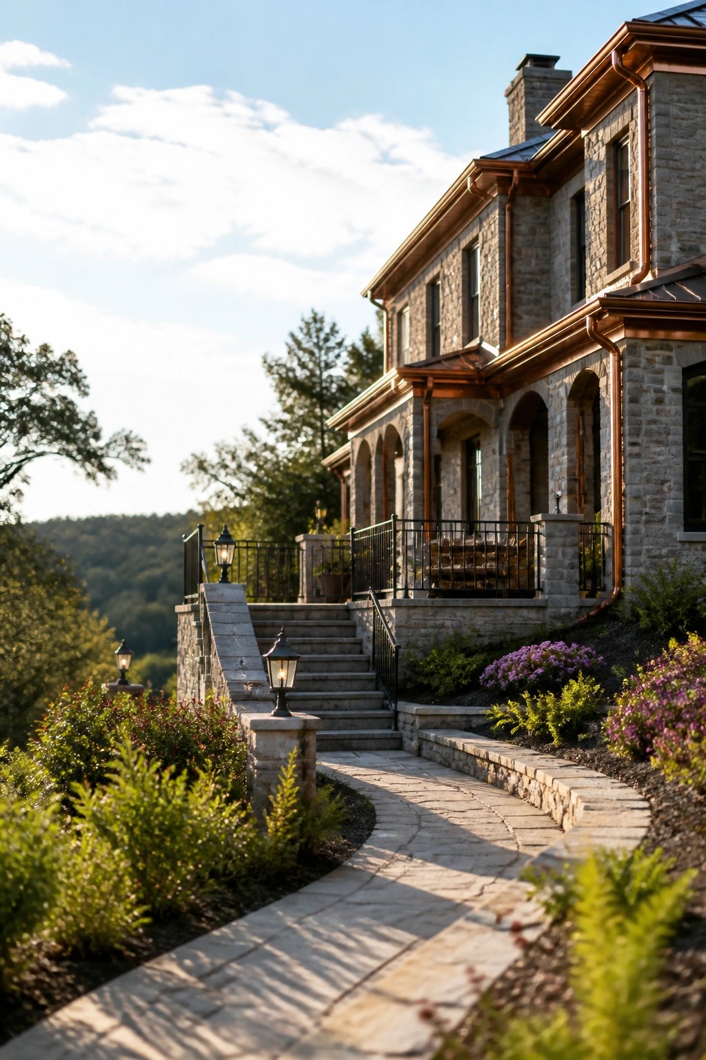 A large stone house with copper roof and trim, approached by a curved stone pathway and steps.