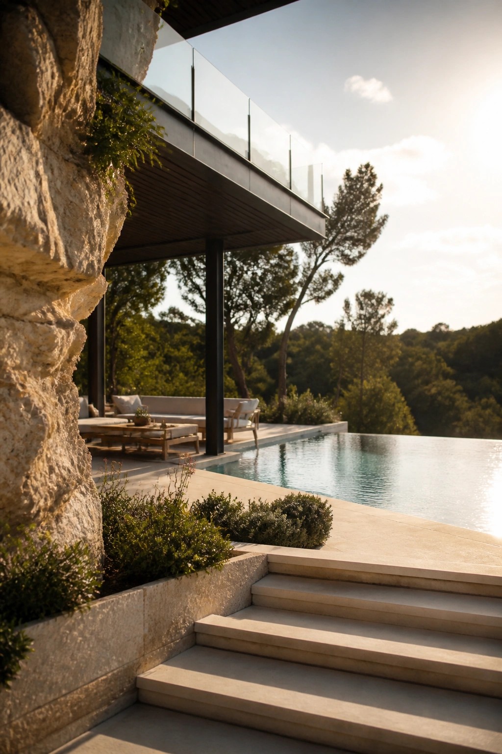 A contemporary home exterior featuring a large stone wall, modern overhang with glass railing, outdoor seating area, infinity-edge pool, and wide stone steps leading down to the pool terrace.