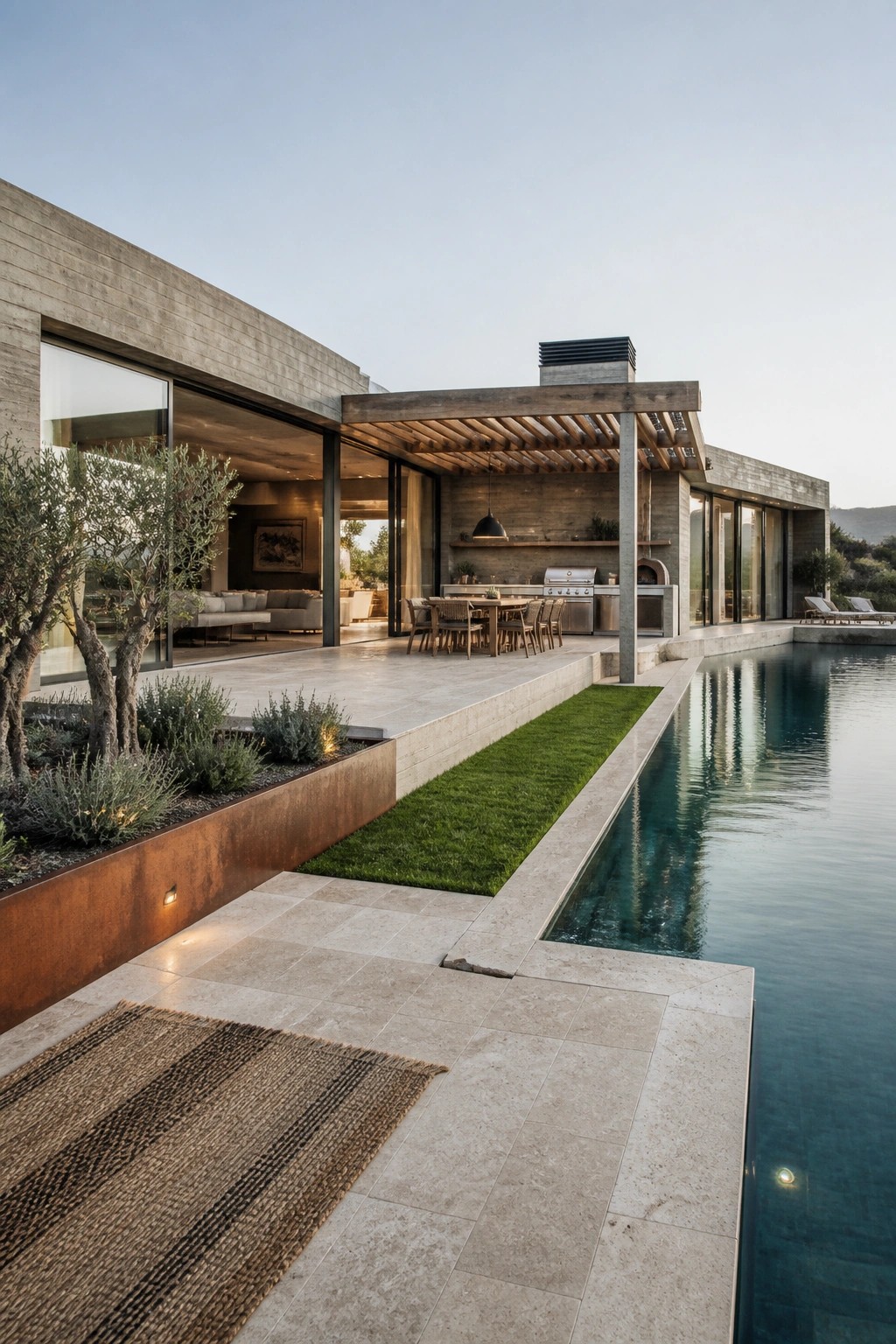 A modern concrete home with large glass doors opening to a stone patio, a long swimming pool, and a wooden pergola covering an outdoor dining table and kitchen.
