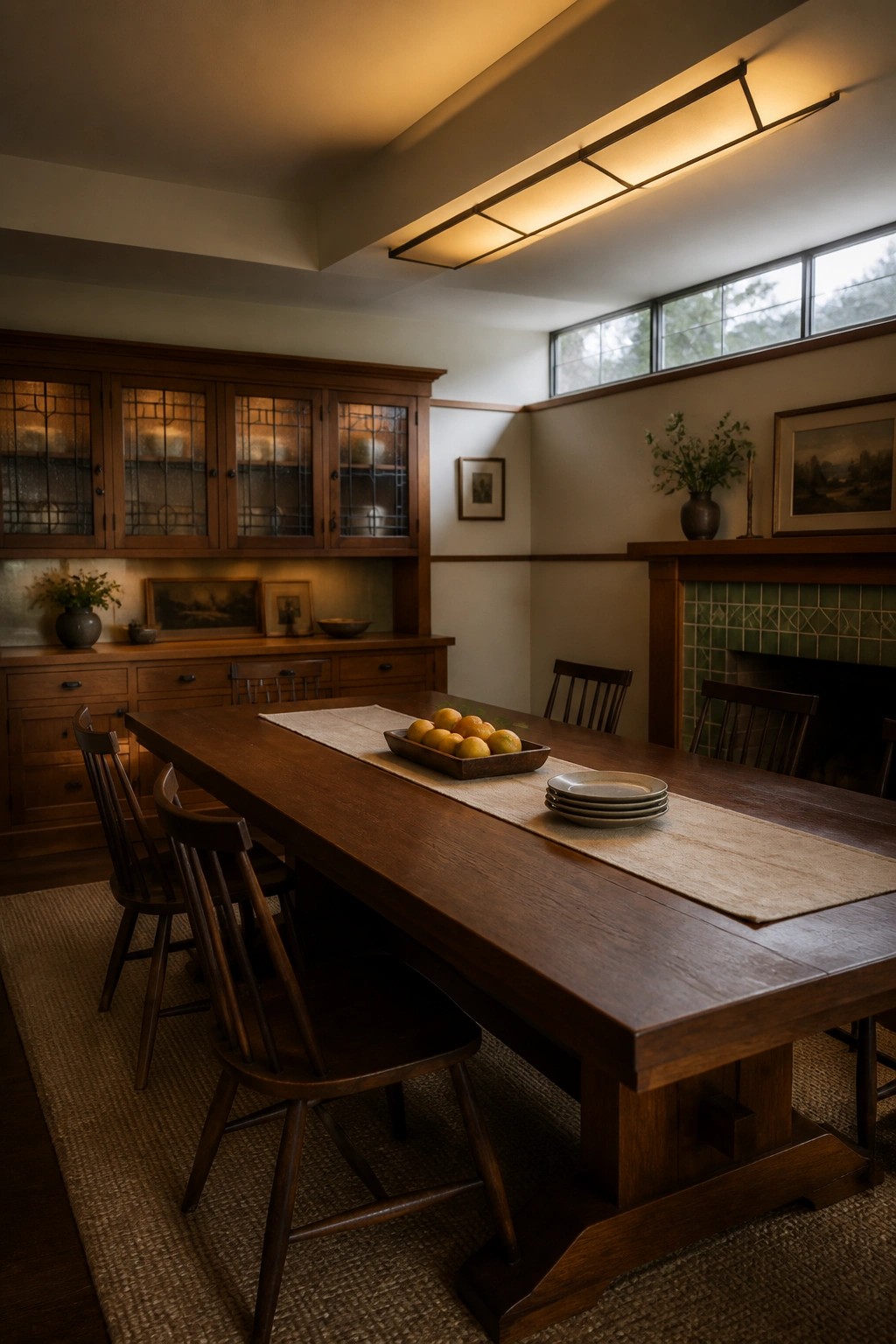 A long wooden dining table with matching chairs is placed in front of built-in wooden cabinets with glass doors, next to a fireplace in a room with windows above.