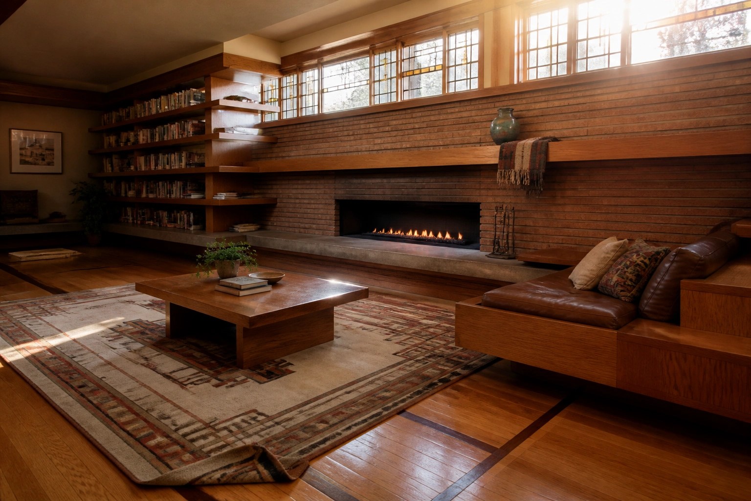 Interior view of a living room with a long fireplace set into a wall of horizontal wood slats, built-in bookshelves on the right, and low leather seating on the left.