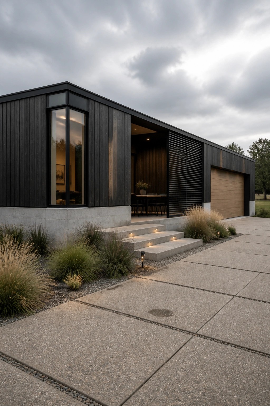 A modern single-story house with dark vertical wood siding, a recessed entry with concrete steps, and a light wood garage door on the right side.