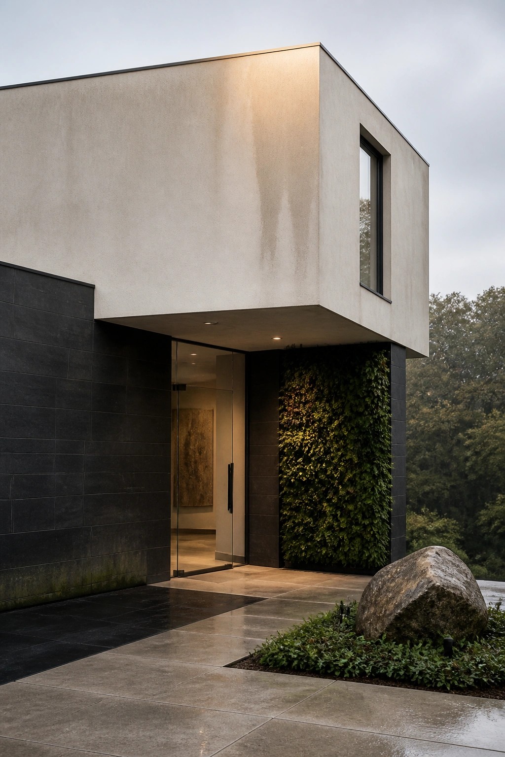 Modern house exterior with a light cantilevered concrete upper level over a dark stone base, glass entry doors, and a vertical garden wall beside the entrance.