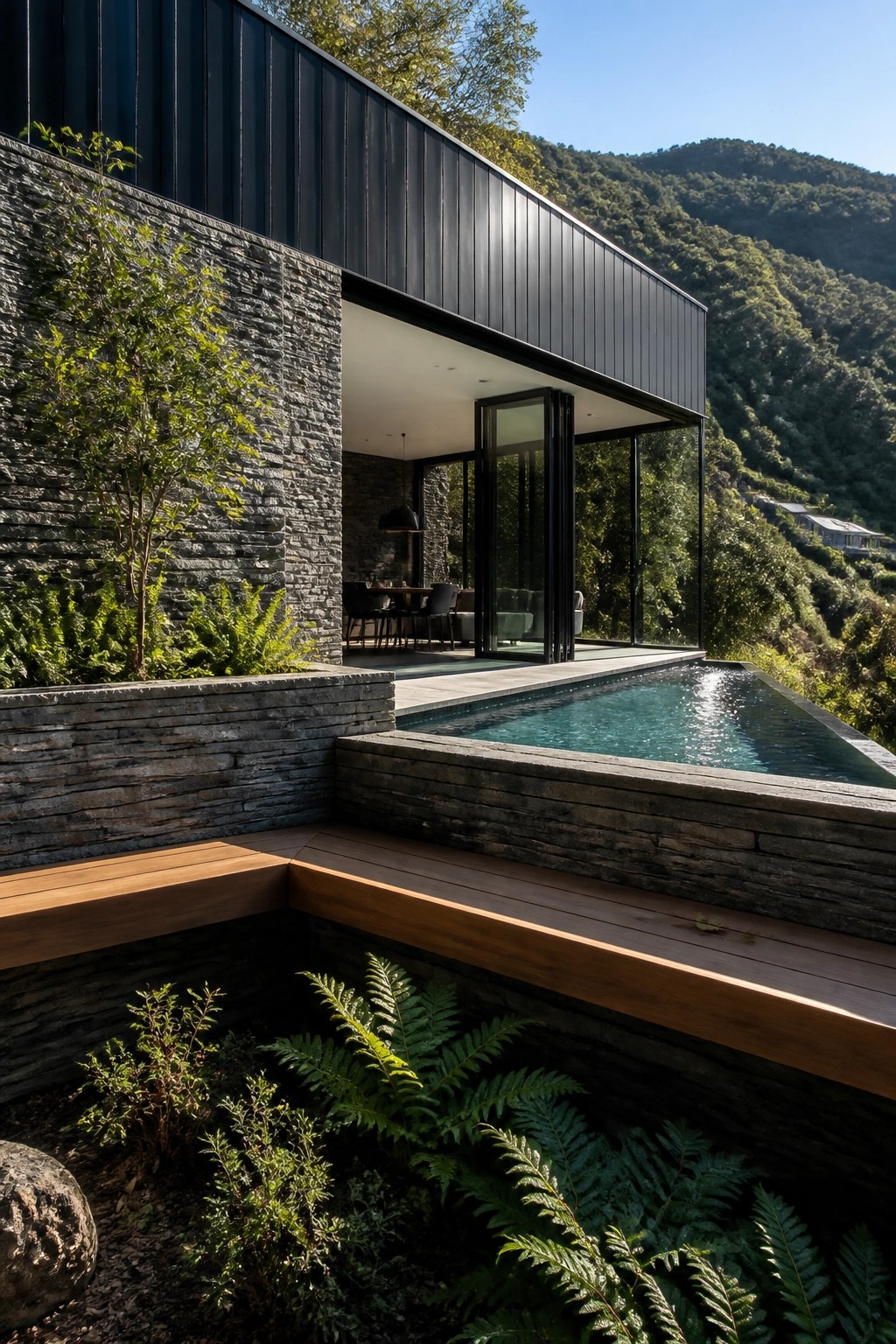 Modern house exterior with black vertical metal siding above gray stone walls, large glass doors opening to a pool deck, and a forested hillside in the background.
